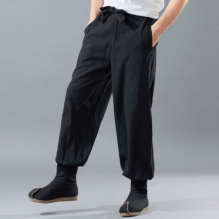 Buddha Stones Solid Color Front Zipper Ramie Linen Men's Pants With Pockets - image 2