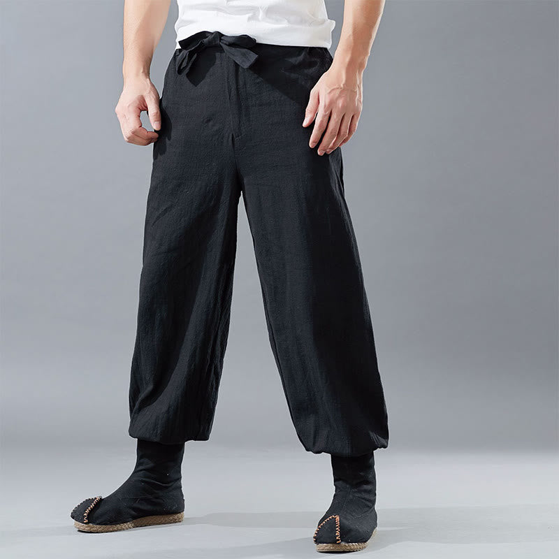 Buddha Stones Solid Color Front Zipper Ramie Linen Men's Pants With Pockets - Black - US/UK/AU38，EU48 (XL) - image 0