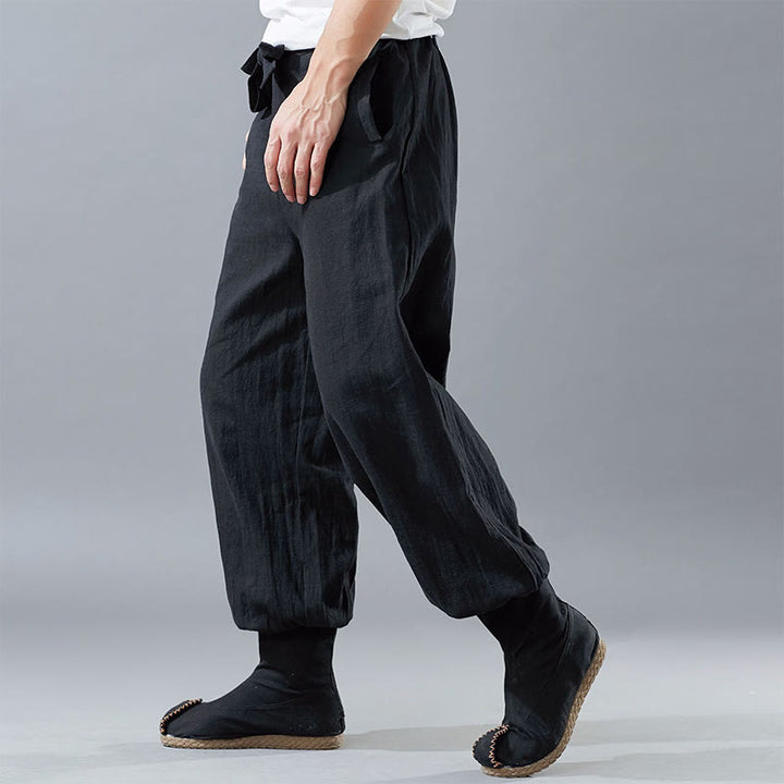 Buddha Stones Solid Color Front Zipper Ramie Linen Men's Pants With Pockets - image 3