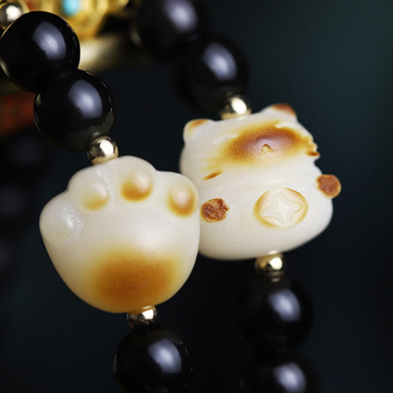 Buddha Stones Black Obsidian Cat Paw Bodhi Seed Lucky Fortune Charm Purification Bracelet - image 10