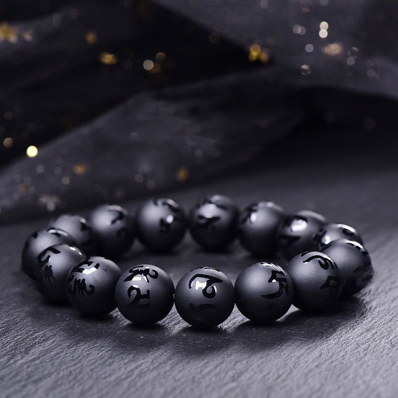 Buddha Stones Natural Black Onyx Om Mani Padme Hum Carved Protection Bracelet - 16mm(Wrist Circumference: 14-17cm) - image 0