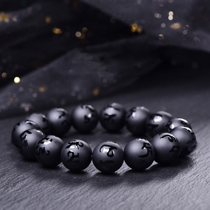 Buddha Stones Natural Black Onyx Om Mani Padme Hum Carved Protection Bracelet - 16mm(Wrist Circumference: 14-17cm) - image 0