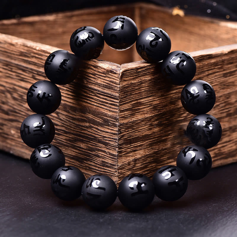 Buddha Stones Natural Black Onyx Om Mani Padme Hum Carved Protection Bracelet - image 1
