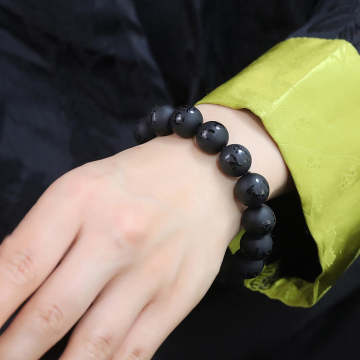 Buddha Stones Natural Black Onyx Om Mani Padme Hum Carved Protection Bracelet - image 4