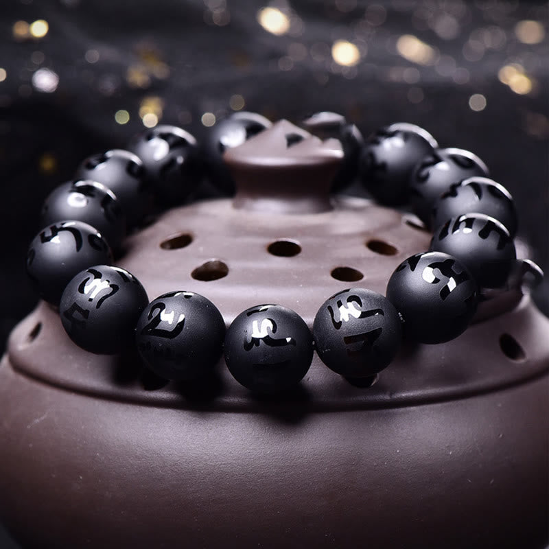 Buddha Stones Natural Black Onyx Om Mani Padme Hum Carved Protection Bracelet - image 2