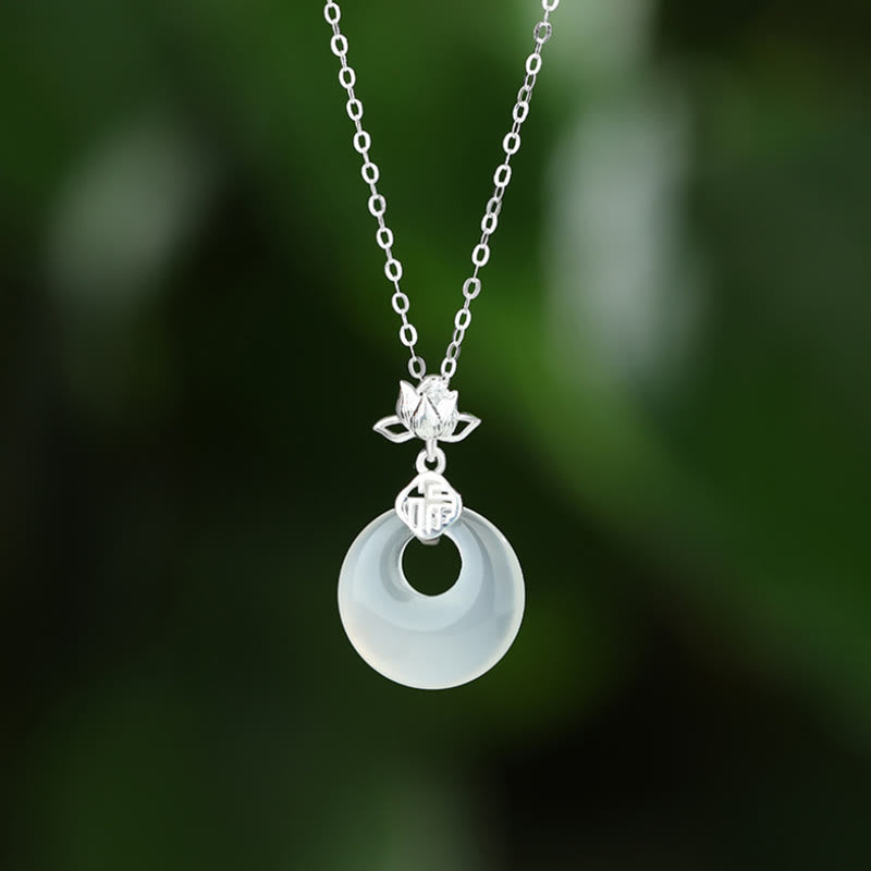 Buddha Stones Chalcedony 925 Sterling Silver Lotus Flower Fu Character Peace Buckle Positive Necklace Pendant - White Silver - image 0