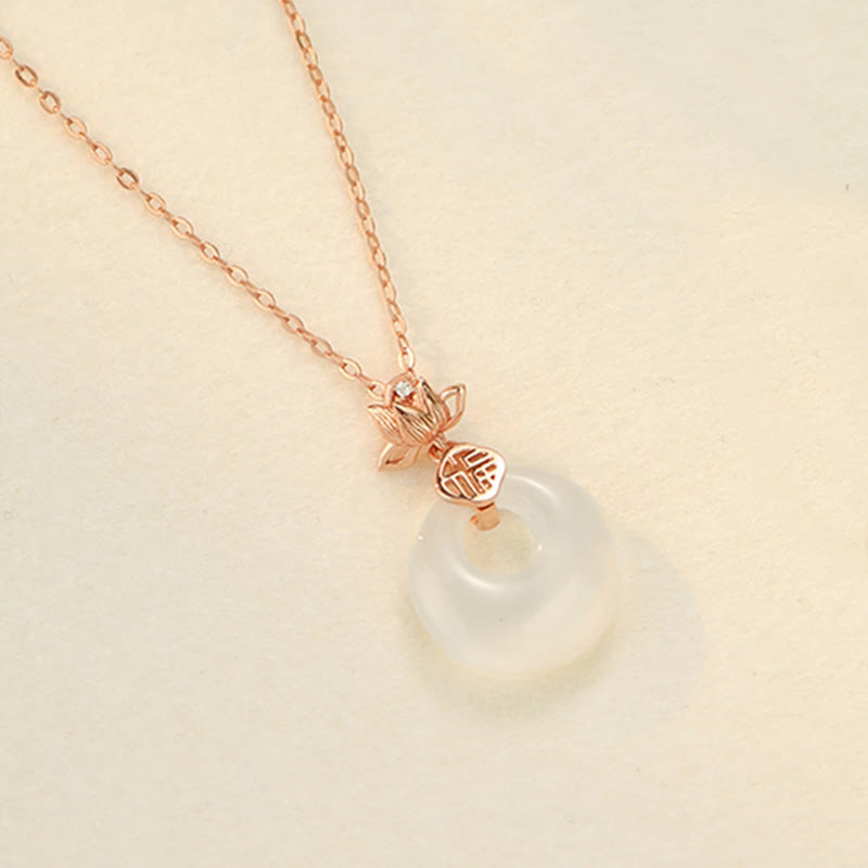 Buddha Stones Chalcedony 925 Sterling Silver Lotus Flower Fu Character Peace Buckle Positive Necklace Pendant - Rose Gold - image 9