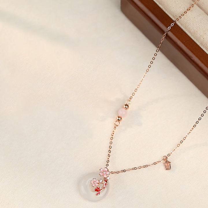 Buddha Stones Chalcedony Pink Crystal 925 Sterling Silver Flowers Koi Fish Peace Buckle Positive Necklace Pendant - image 1