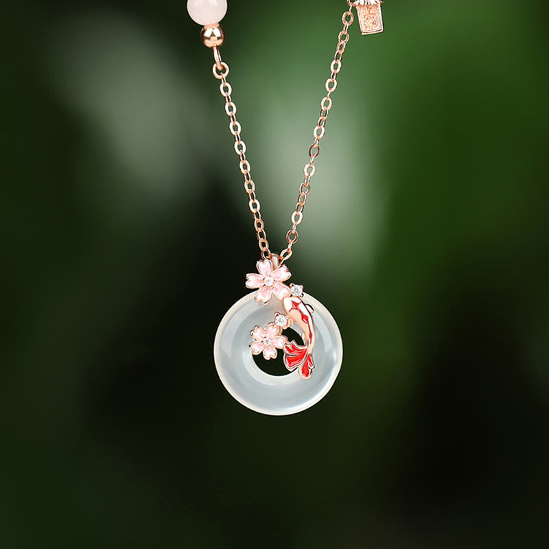 Buddha Stones Chalcedony Pink Crystal 925 Sterling Silver Flowers Koi Fish Peace Buckle Positive Necklace Pendant - Chalcedony 925 Sterling Silver - image 0