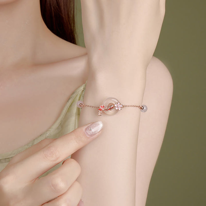 Buddha Stones Chalcedony Pink Crystal 925 Sterling Silver Flowers Koi Fish Peace Buckle Positive Bracelet - image 3