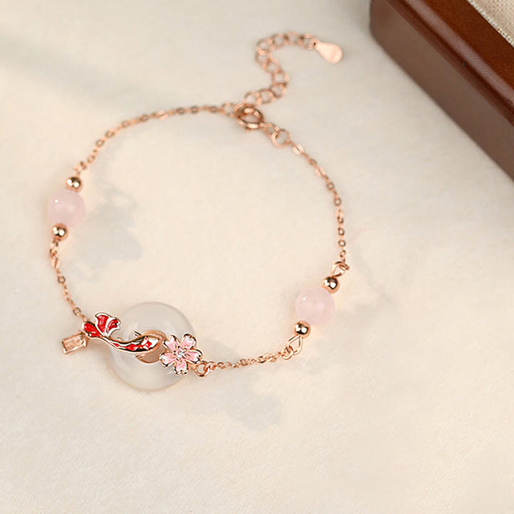 Buddha Stones Chalcedony Pink Crystal 925 Sterling Silver Flowers Koi Fish Peace Buckle Positive Bracelet - image 1