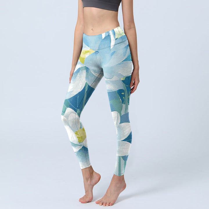 Buddha Stones Blue White Lotus Print Gym Leggings Women's Yoga Pants - Blue - US18，UK/AU22，EU50 (4XL) - image 0