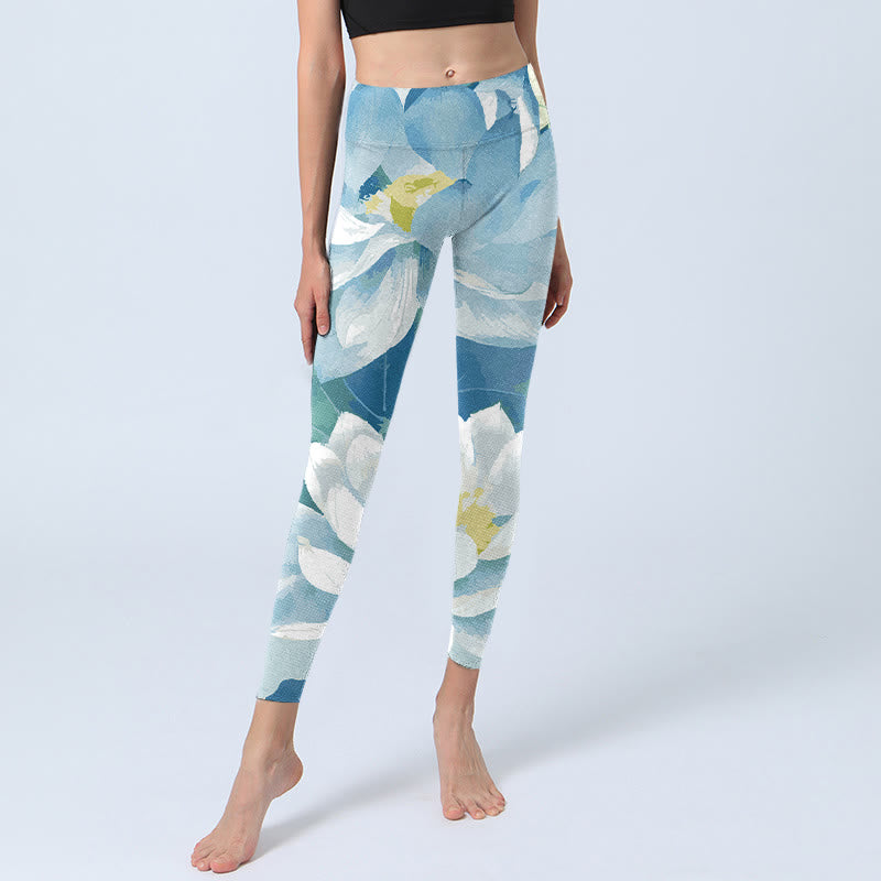 Buddha Stones Blue White Lotus Print Gym Leggings Women's Yoga Pants - image 5