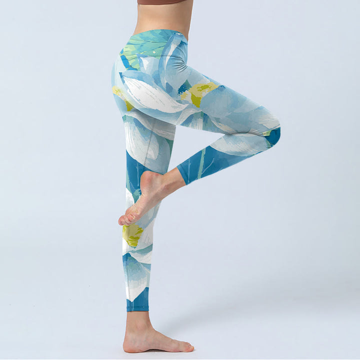 Buddha Stones Blue White Lotus Print Gym Leggings Women's Yoga Pants - image 3