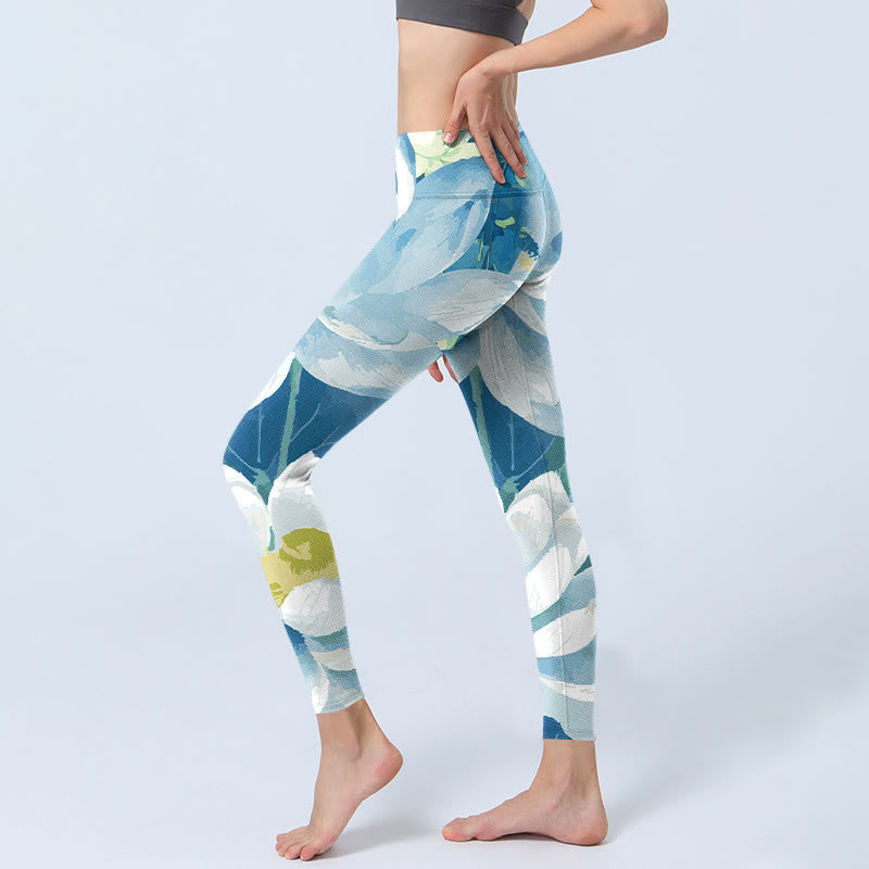 Buddha Stones Blue White Lotus Print Gym Leggings Women's Yoga Pants - image 2