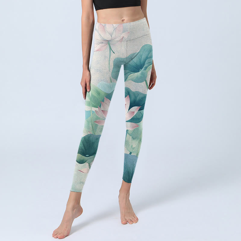 Buddha Stones Blooming  White Pink Lotus Leaves Print Gym Leggings Women's Yoga Pants - image 5