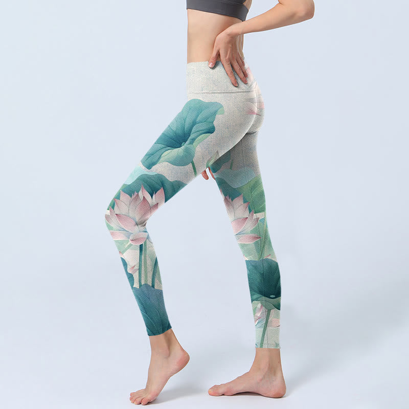 Buddha Stones Blooming  White Pink Lotus Leaves Print Gym Leggings Women's Yoga Pants - image 2