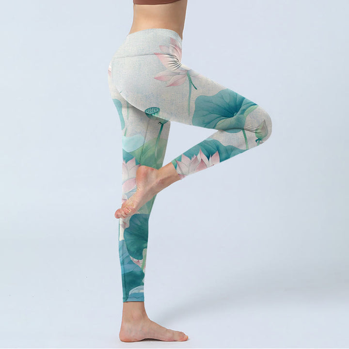 Buddha Stones Blooming  White Pink Lotus Leaves Print Gym Leggings Women's Yoga Pants - image 4