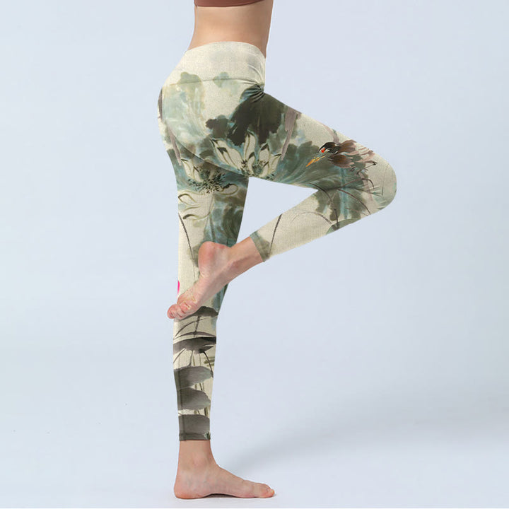 Buddha Stones Lotus Bamboo Leaves Print Gym Leggings Women's Yoga Pants - image 3