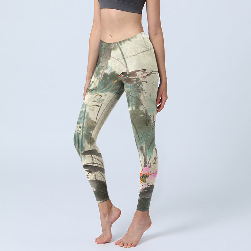 Buddha Stones Lotus Bamboo Leaves Print Gym Leggings Women's Yoga Pants - Beige - US18，UK/AU22，EU50 (4XL) - image 0