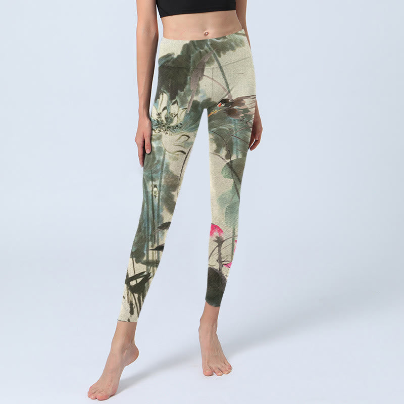 Buddha Stones Lotus Bamboo Leaves Print Gym Leggings Women's Yoga Pants - image 5