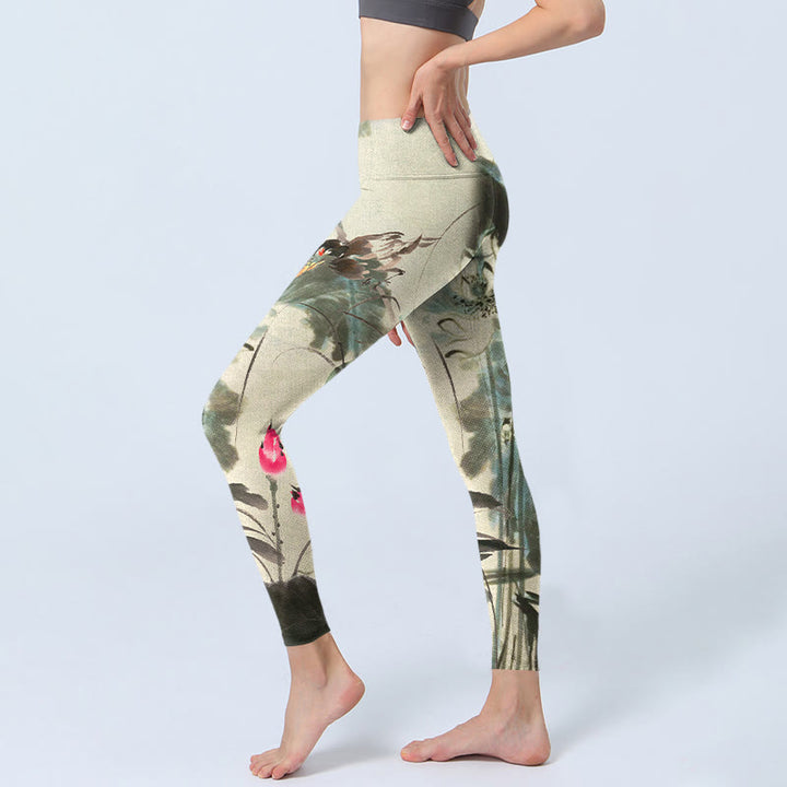Buddha Stones Lotus Bamboo Leaves Print Gym Leggings Women's Yoga Pants - image 2