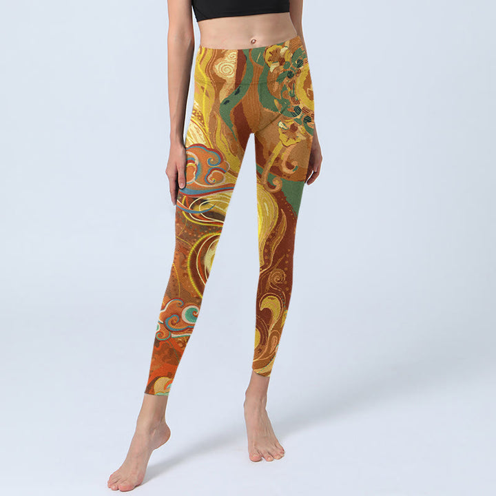 Buddha Stones Golden Auspicious Cloud Waves Print Gym Leggings Women's Yoga Pants - image 5