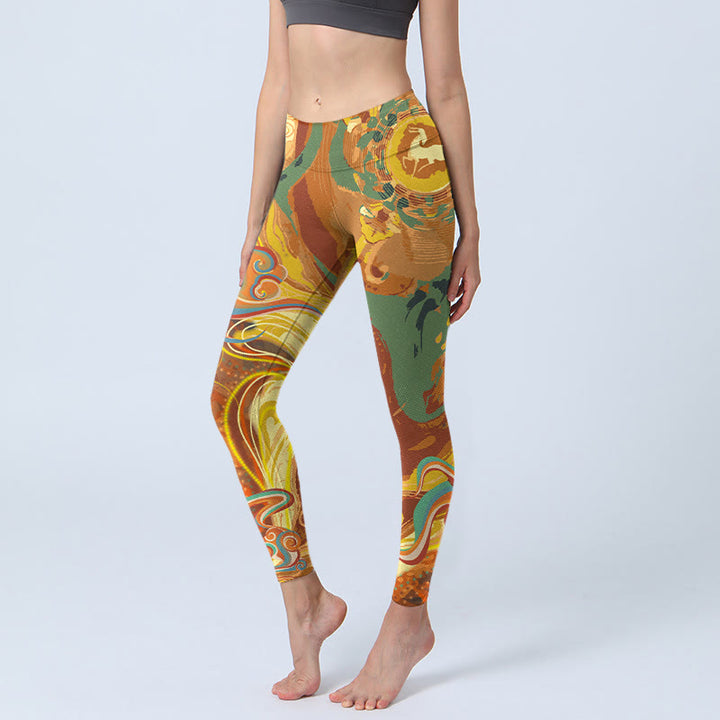 Buddha Stones Golden Auspicious Cloud Waves Print Gym Leggings Women's Yoga Pants - Gold - US18，UK/AU22，EU50 (4XL) - image 0