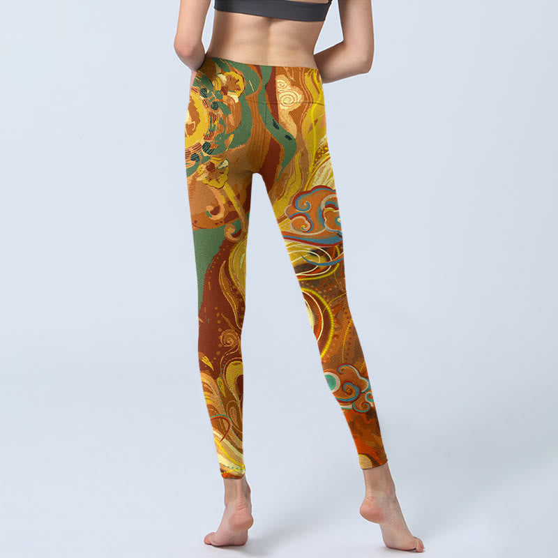 Buddha Stones Golden Auspicious Cloud Waves Print Gym Leggings Women's Yoga Pants - image 6