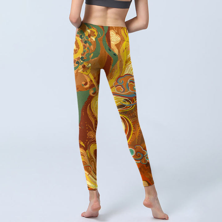 Buddha Stones Golden Auspicious Cloud Waves Print Gym Leggings Women's Yoga Pants - image 6