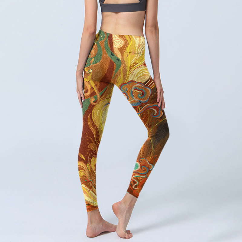 Buddha Stones Golden Auspicious Cloud Waves Print Gym Leggings Women's Yoga Pants - image 4