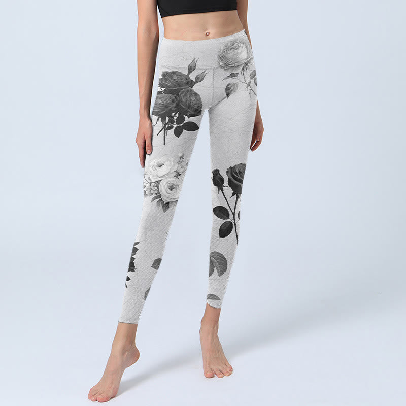 Buddha Stones Black White Rose Gym Leggings Women's Yoga Pants - image 5
