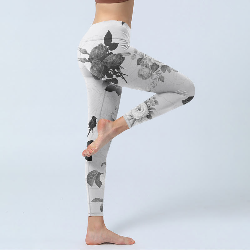 Buddha Stones Black White Rose Gym Leggings Women's Yoga Pants - image 3