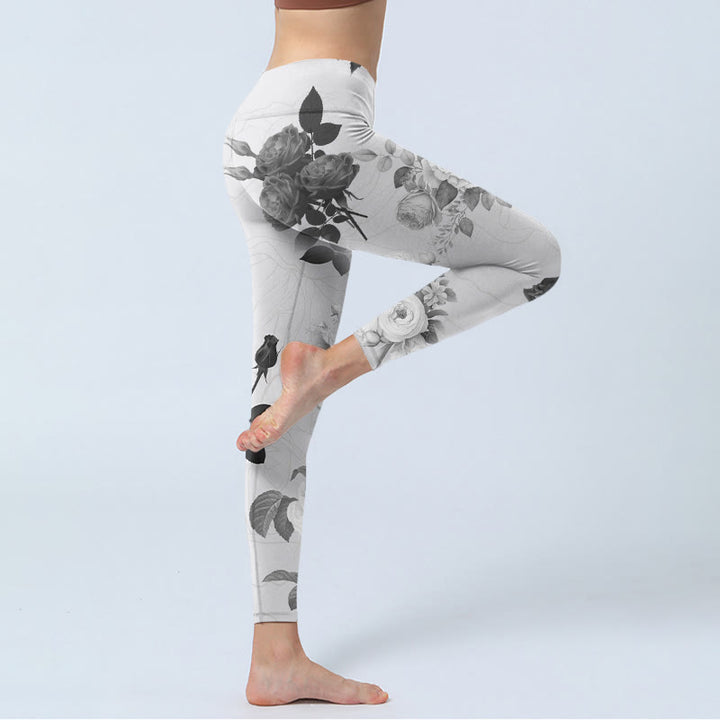 Buddha Stones Black White Rose Gym Leggings Women's Yoga Pants - image 3