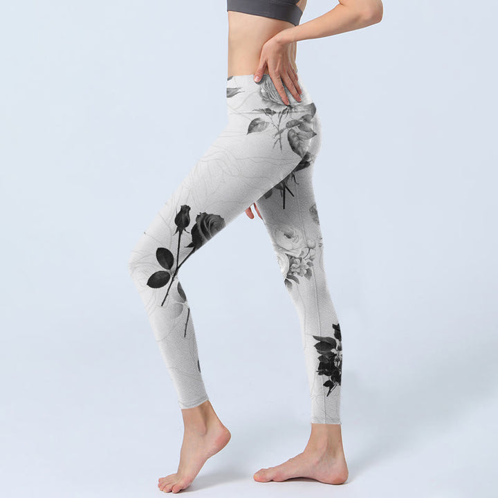 Buddha Stones Black White Rose Gym Leggings Women's Yoga Pants - image 2
