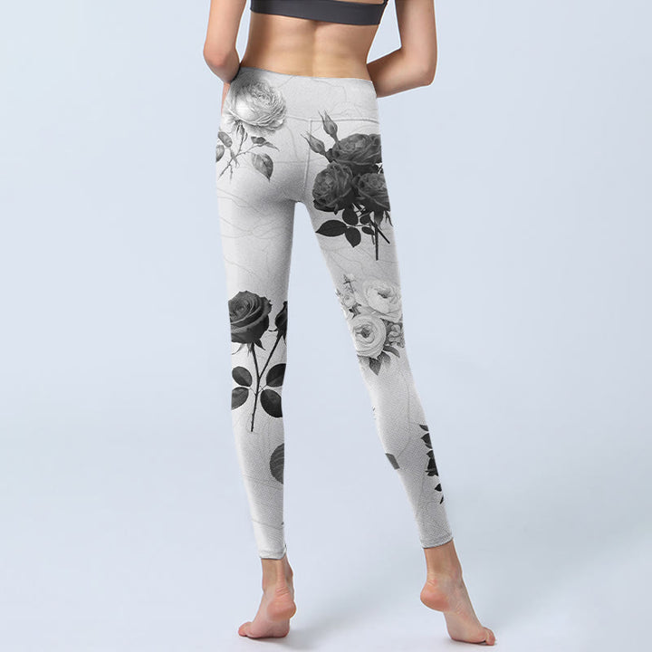 Buddha Stones Black White Rose Gym Leggings Women's Yoga Pants - image 6
