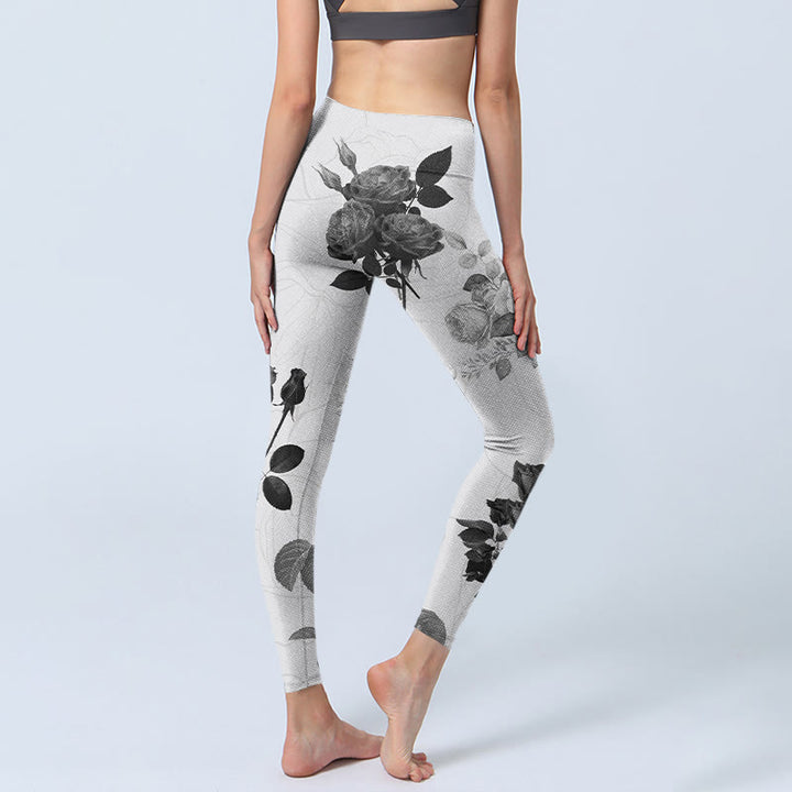 Buddha Stones Black White Rose Gym Leggings Women's Yoga Pants - image 4