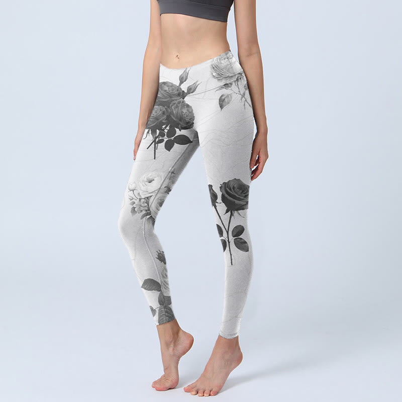 Buddha Stones Black White Rose Gym Leggings Women's Yoga Pants - White - US18，UK/AU22，EU50 (4XL) - image 0