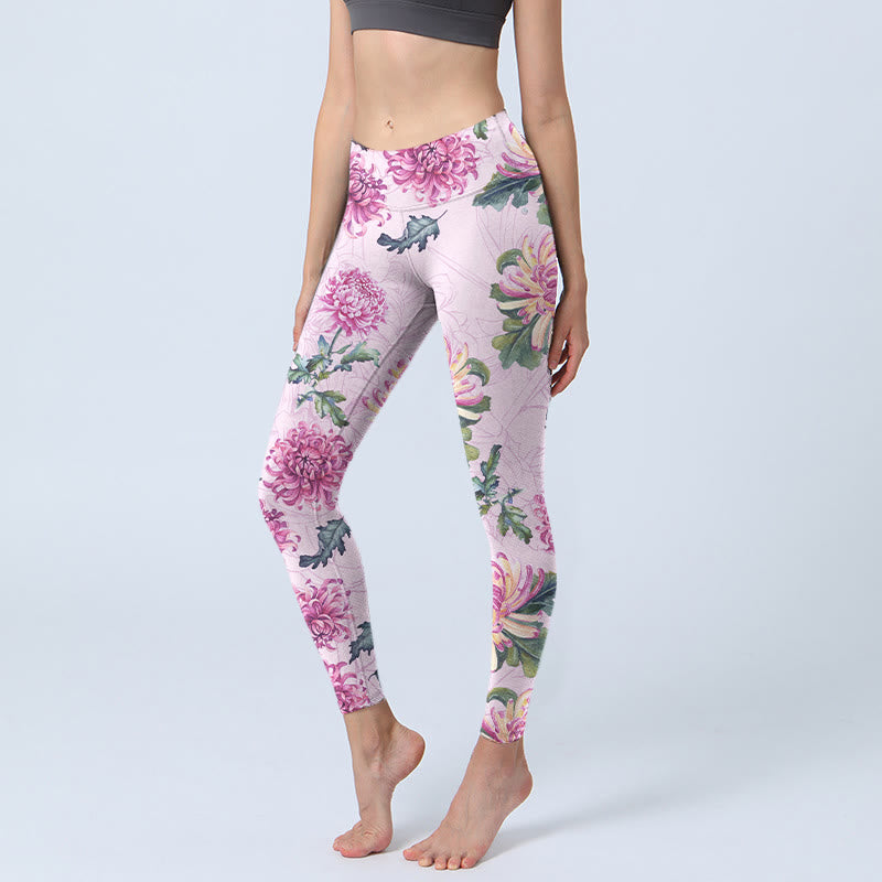 Buddha Stones Pink Chrysanthemum  Gym Leggings Women's Yoga Pants - Plum - US18，UK/AU22，EU50 (4XL) - image 0