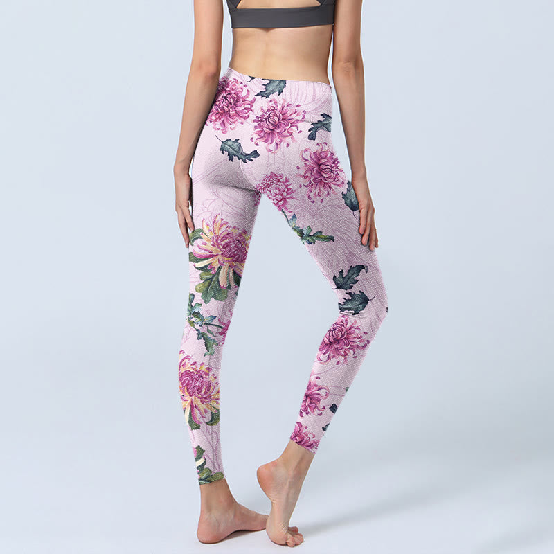 Buddha Stones Pink Chrysanthemum  Gym Leggings Women's Yoga Pants - image 4