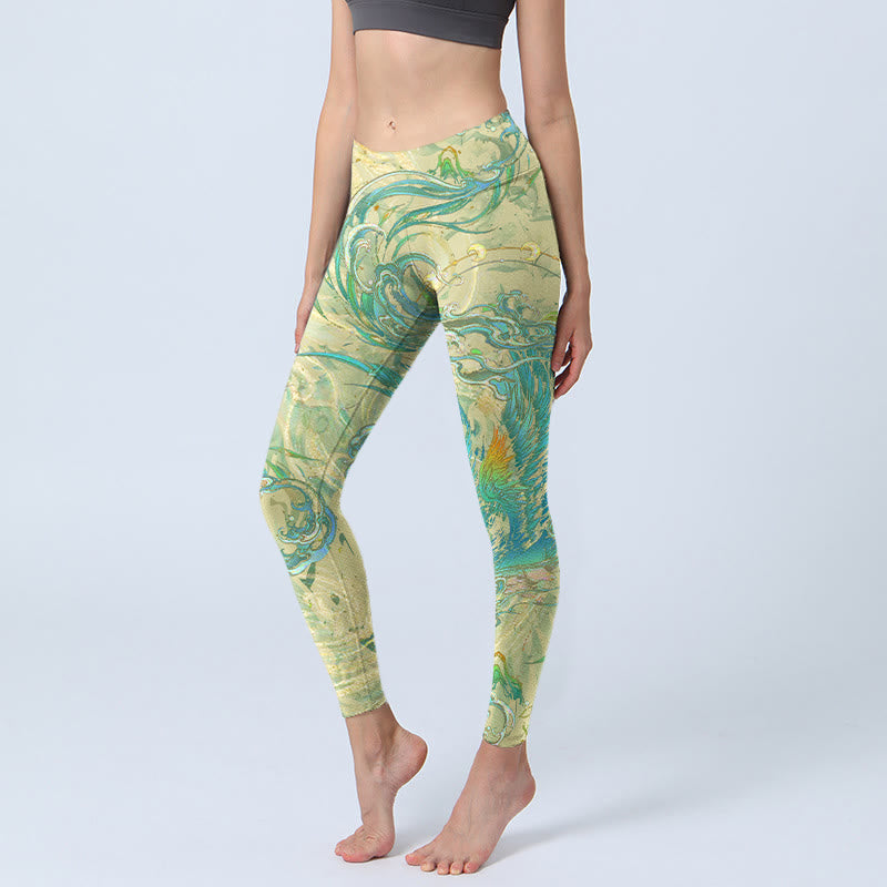 Buddha Stones Blue-green Phoenix Gym Leggings Women's Yoga Pants - GreenYellow - US18，UK/AU22，EU50 (4XL) - image 0
