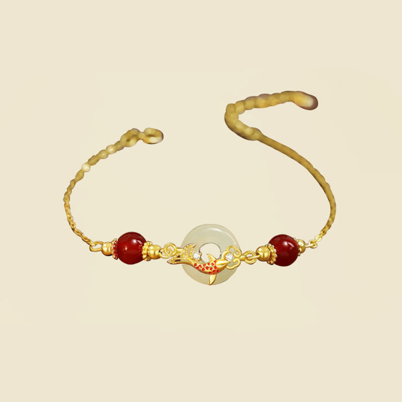 Buddha Stones Natural Hetian Jade 925 Sterling Silver Plated Gold Red Agate Beads Koi Fish Peace Buckle Luck Bracelet - image 1