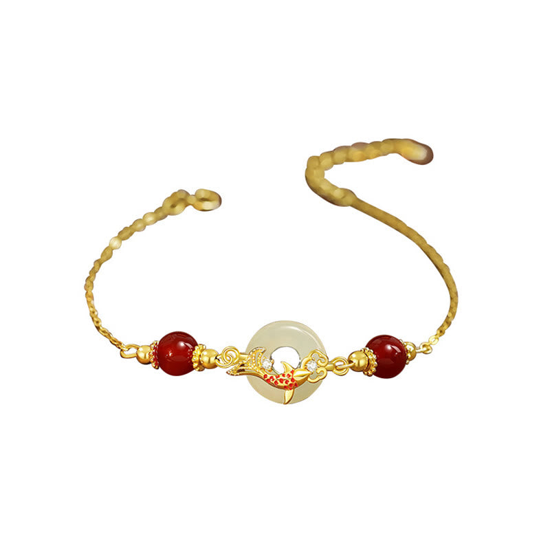 Buddha Stones Natural Hetian Jade 925 Sterling Silver Plated Gold Red Agate Beads Koi Fish Peace Buckle Luck Bracelet - image 2