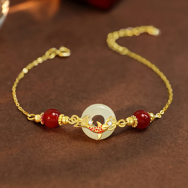 Buddha Stones Natural Hetian Jade 925 Sterling Silver Plated Gold Red Agate Beads Koi Fish Peace Buckle Luck Bracelet - Hetian Jade 925 Sterling Silver Plated 14K Gold - Wrist Circumference: 14-17cm - image 0