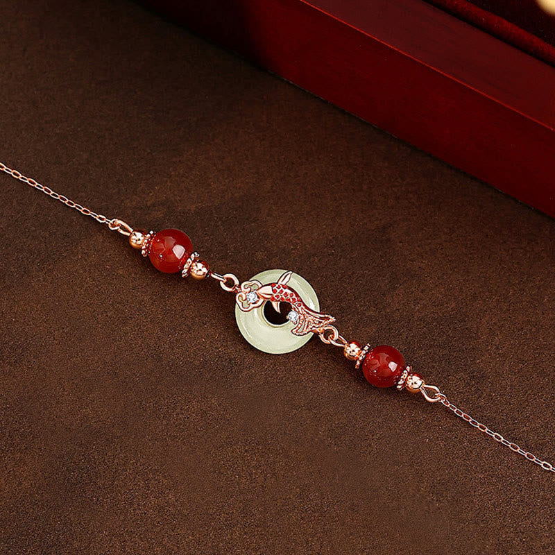 Buddha Stones Natural Hetian Jade 925 Sterling Silver Plated Gold Red Agate Beads Koi Fish Peace Buckle Luck Bracelet - Hetian Jade 925 Sterling Silver Plated Rose Gold - Wrist Circumference: 14-17cm - image 11