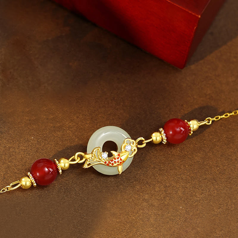Buddha Stones Natural Hetian Jade 925 Sterling Silver Plated Gold Red Agate Beads Koi Fish Peace Buckle Luck Bracelet - image 4