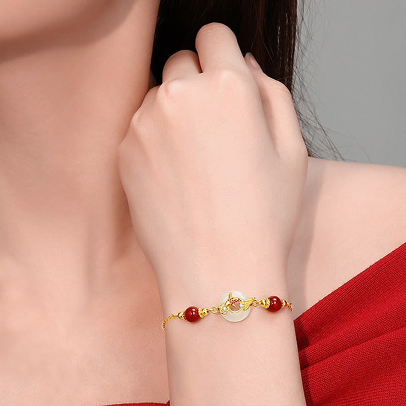 Buddha Stones Natural Hetian Jade 925 Sterling Silver Plated Gold Red Agate Beads Koi Fish Peace Buckle Luck Bracelet - image 3