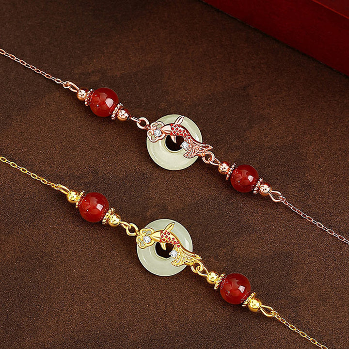 Buddha Stones Natural Hetian Jade 925 Sterling Silver Plated Gold Red Agate Beads Koi Fish Peace Buckle Luck Bracelet - image 12