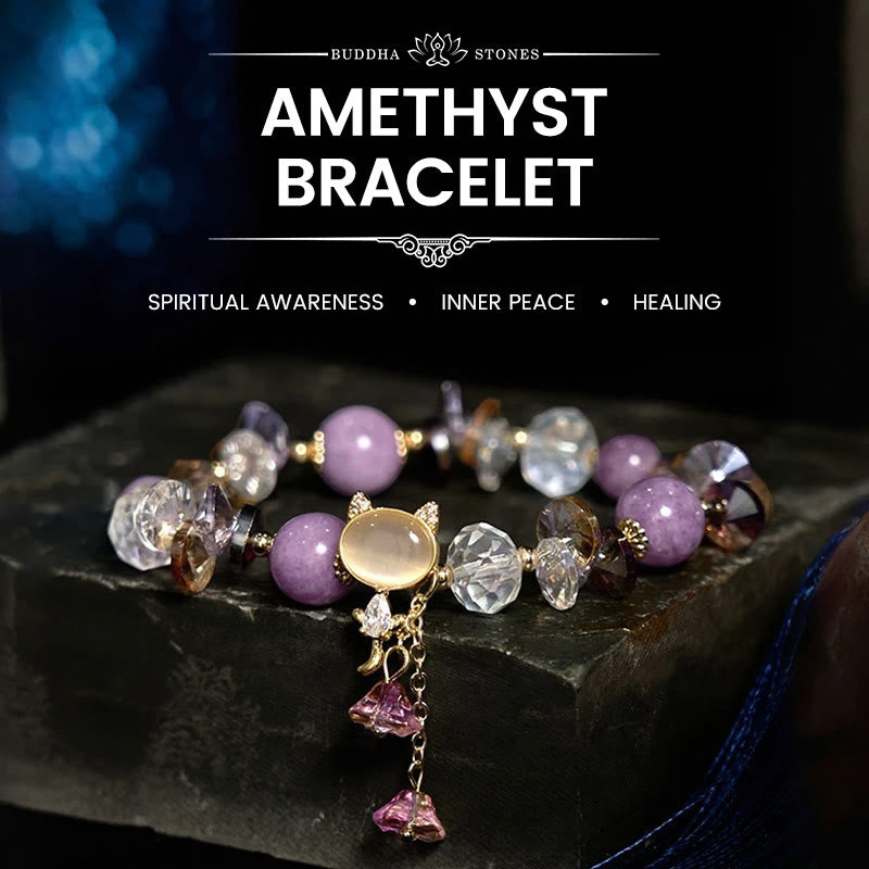 Buddha Stones Amethyst Green Crystal Red Crystal Cat Balance Bracelet - Amethyst(Wrist Circumference: 14-16cm) - image 0