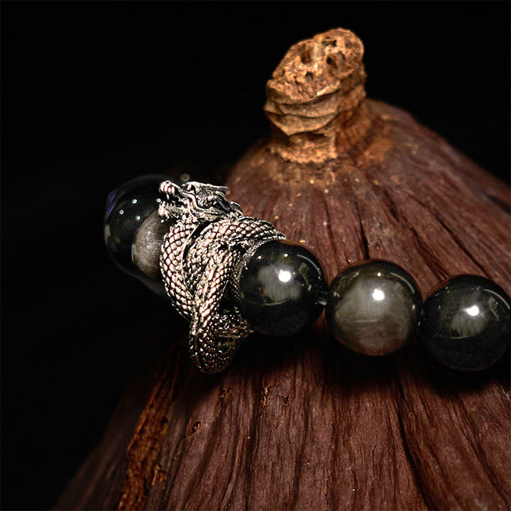 Buddha Stones Silver Sheen Obsidian Dragon Protection Bracelet - image 2